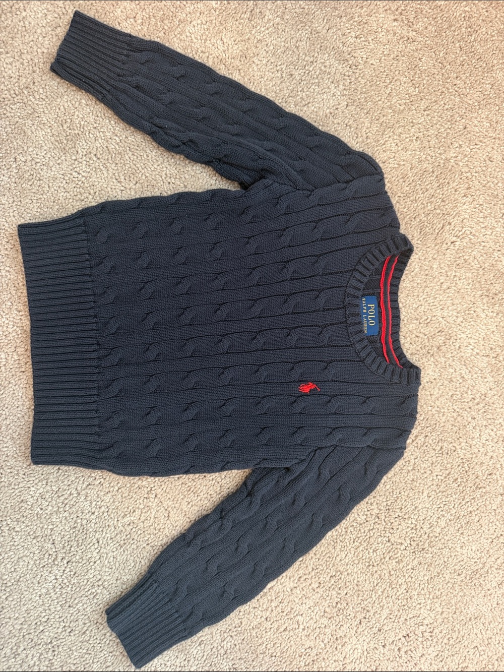Toddler Polo by Ralph Lauren Navy Cable-Knit Crewneck Sweater with Red Pony